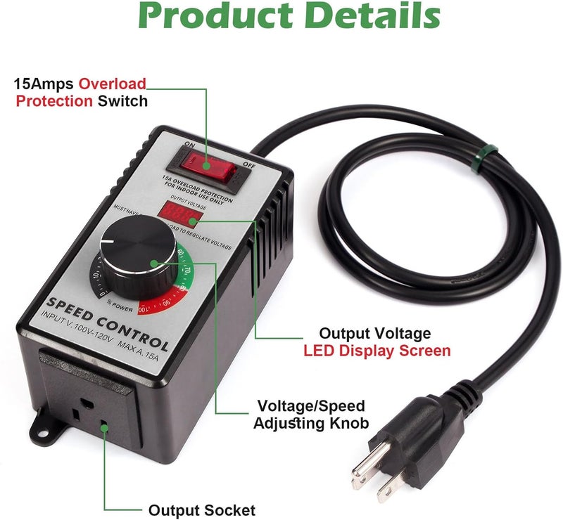 HARMNEE AC Motor Speed Controller 110-120V / 15A Max / 10A Rated Variable Fan Speed Controller AC Electronic Voltage Regulator with Overload Protection Switch & Voltage LED Display Screen - Image 2